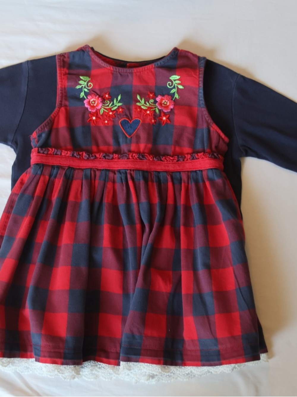 Hanna Andersson Red & Navy Check Dress with Floral Embroidery